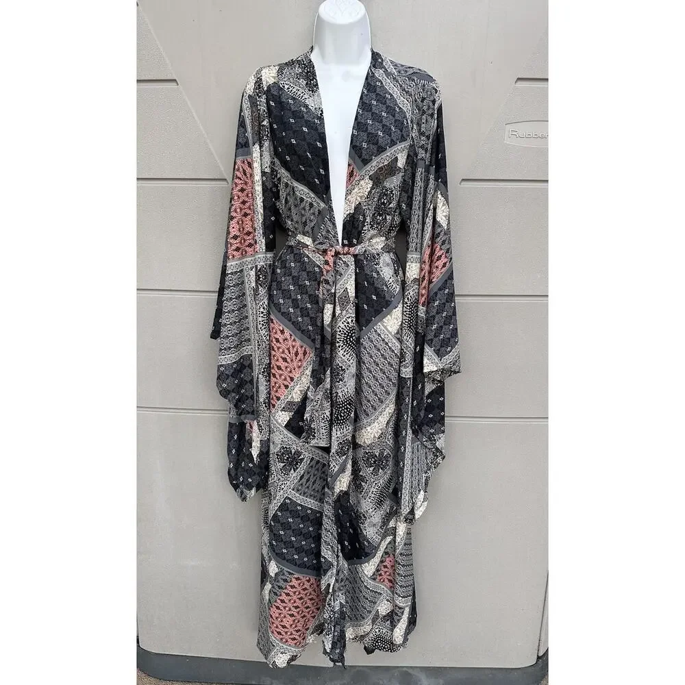 Jennafer Grace Handmade Belted Kimono Duster In Earl Grey Scarf Patchwork Boho L - Picture 2 of 11